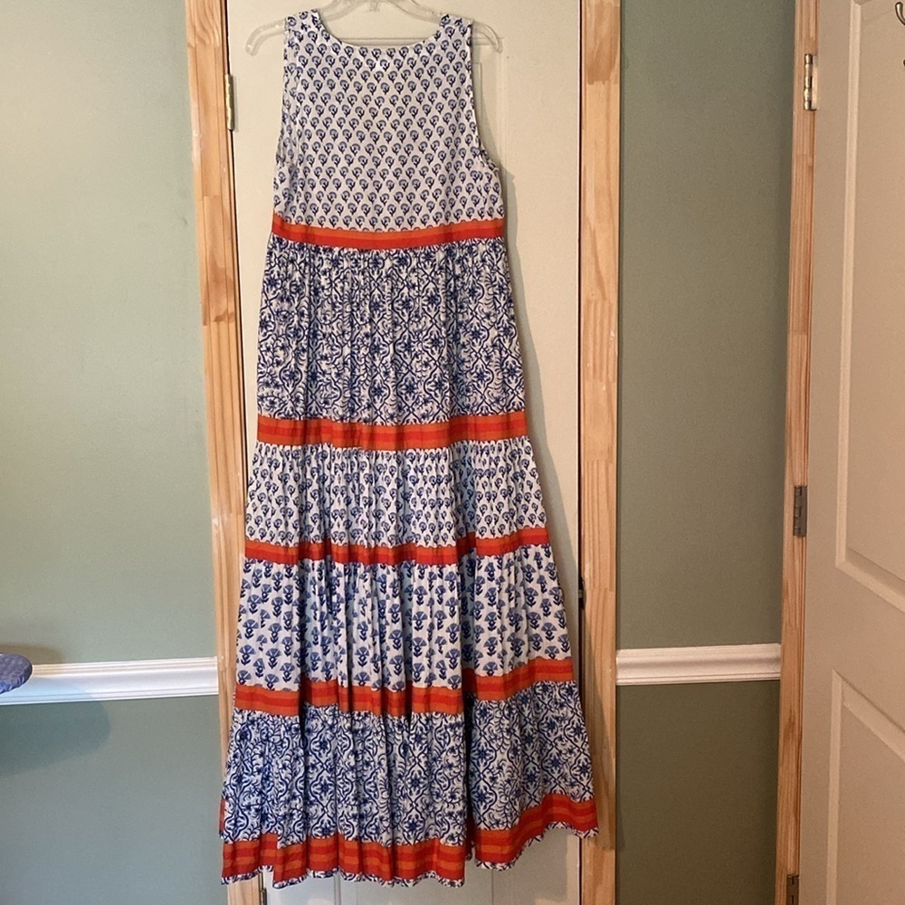 Anthropologie Ro's Garden Cotton Tiered Maxi Dress Blue White SMALL - Picture 7 of 9